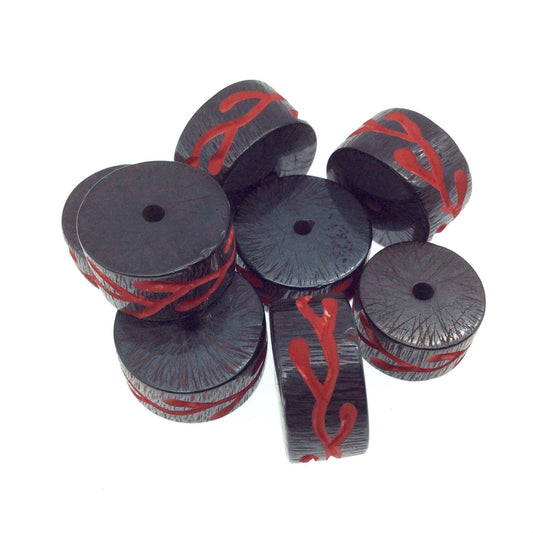 Hand-Carved Red Colored Vine - Heishi Shaped Resin Bead - 10mm x 18mm approx - Sold by Packs Of Ten (10)