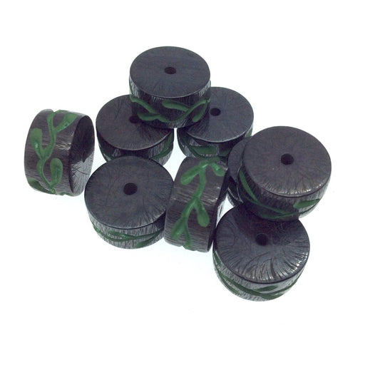 Hand-Carved Green Colored Vine - Heishi Shaped Resin Bead - 10mm x 18mm approx - Sold by Packs Of Ten (10)