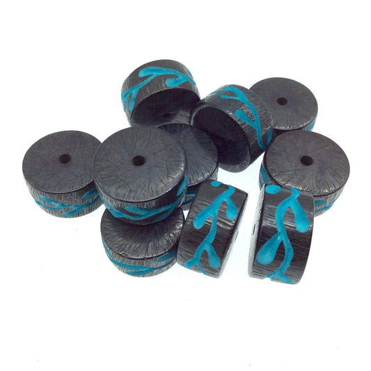 Hand-Carved Aqua Blue Colored Vine - Heishi Shaped Resin Bead - 10mm x 18mm approx - Sold by Packs Of Ten (10)