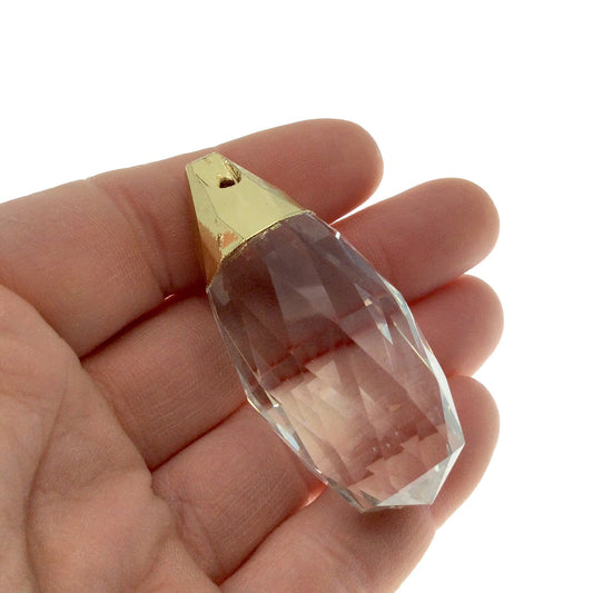 Gold Electroplated Faceted Clear/Transparent Crystal Orb Oval Shaped Pendant ~ 20mm x 50mm - Sold Individually