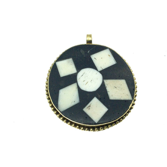 OOAK 1.5" White/Black Natural Ox Bone and Resin Mosaic Flat Round Shape Gold Plated Bezel Pendant W Dotted Edges - ~ 30mm x 30mm.