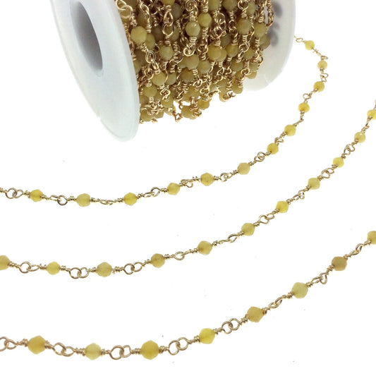 Gold Plated Copper Rosary Chain with 4mm Faceted Round Shaped Yellow Agate Beads (CH219-GD) - Sold by the Foot! - Natural Beaded Chain