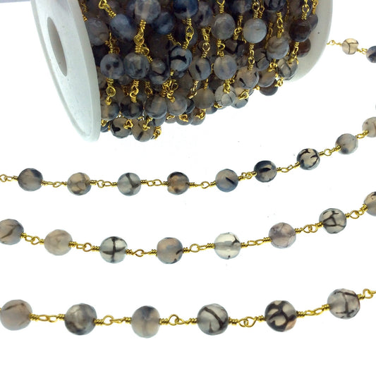 Gold Plated Copper Wrapped Rosary Chain with 8mm Faceted Dragon Vein Gray Agate Round Shaped Beads - Sold by the foot!