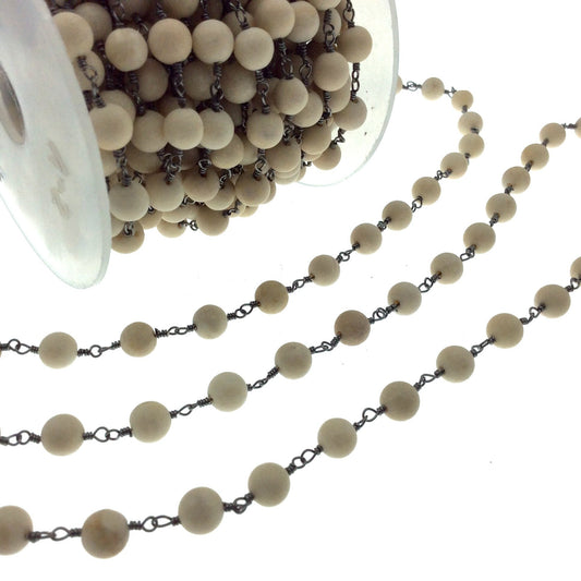 Gunmetal Plated Copper Wrapped Rosary Chain with 6mm Matte Natural Cream River Stone Round Shaped Beads - Sold by the foot! (CH310-GM)