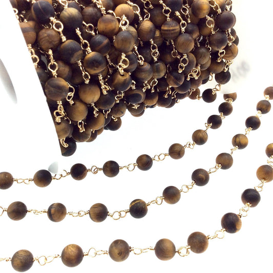 Gold Plated Copper Rosary Chain with 8mm Matte Round Tiger Eye Beads - Sold by the Foot! (CH400-GD) - Semi-Precious Beaded Chain