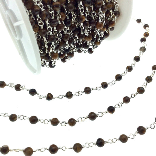 Silver Plated Copper Rosary Chain with 4mm Matte Round Tiger Eye Beads - Sold by the Foot! (CH212-SV) - Natural Semi-Precious Beaded Chain