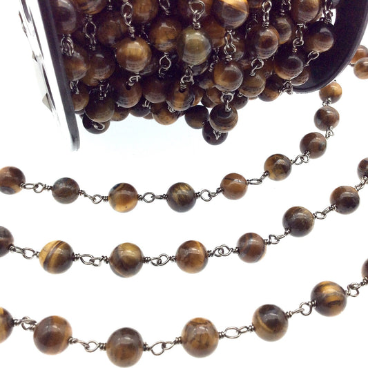 Silver Plated Copper Rosary Chain with 8mm Round Tiger Eye Beads - Sold by the Foot! (CH399-SV) - Natural Semi-Precious Beaded Chain