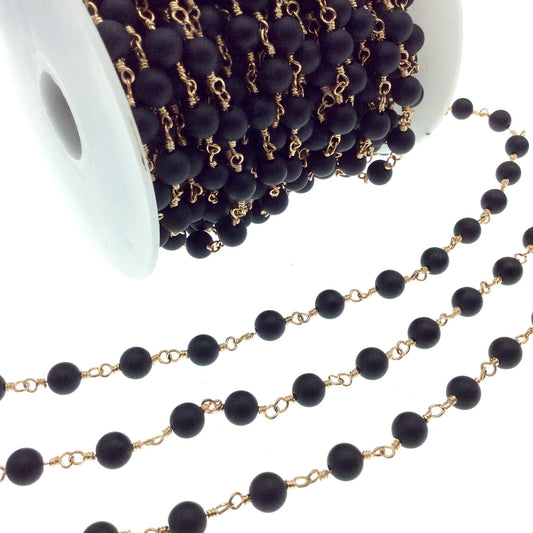 Gold Plated Copper Wrapped Rosary Chain with 6mm Matte Finish Black Agate Round Shaped Beads - Sold by the foot!