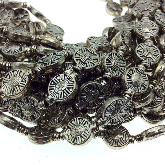 Silver Finish Flat Round Wheel/Spoke/Spinner Shaped Pewter Beads - 8" Strand (Approx. 14 Beads) - ~ 10mm x 15mm, Approx. - 2mm Hole Size