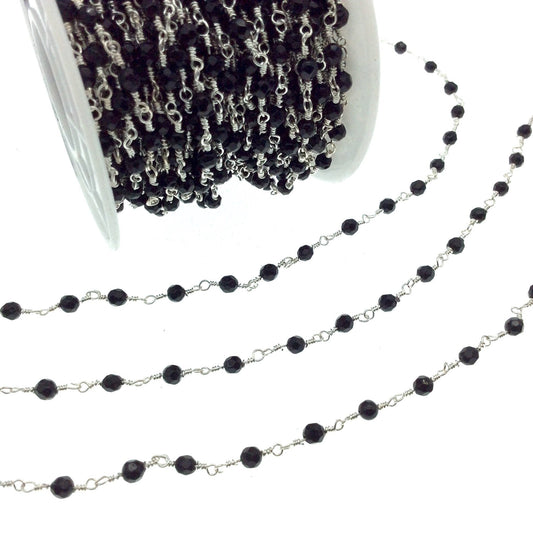 Silver Plated Copper Wrapped Rosary Chain with 3mm Faceted Black Agate Round Shaped Beads - Sold by the foot!