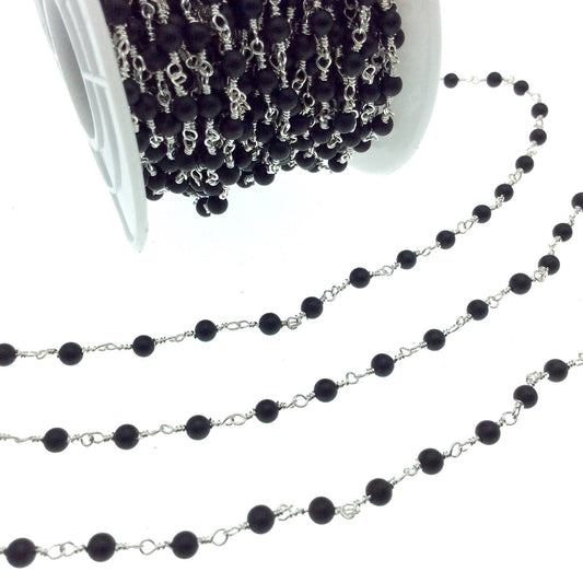 Silver Plated Copper Wrapped Rosary Chain with 3mm Matte Finish Black Agate Round Shaped Beads - Sold by the foot!