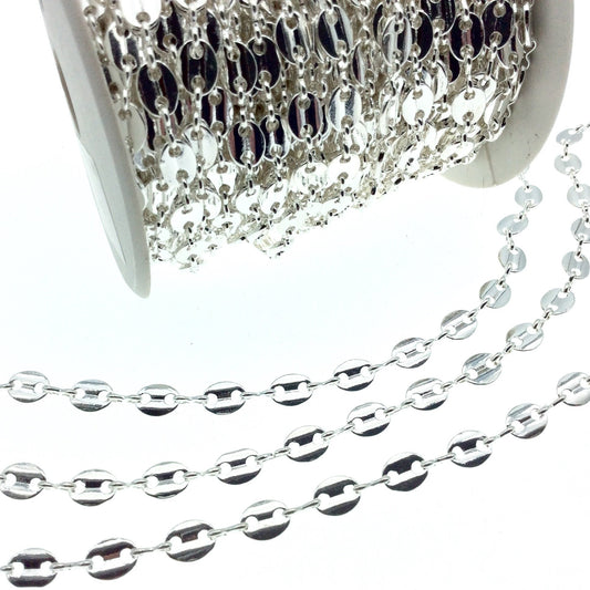 Silver Plated Brass Oval Disc and Link Chain - 8mm Oval With Connectors - Sold By the Foot!