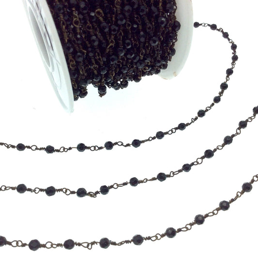 Antique Bronze Plated Copper Wrapped Rosary Chain with 3mm Faceted Black Agate Round Shaped Beads - Sold by the foot!