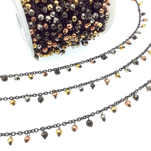 Gunmetal Plated Copper Spaced Single Dangle Wrapped Chain with 4mm Multi Colored Plated Pyrite Rondelle Dangles - Sold by 1 Foot Length!