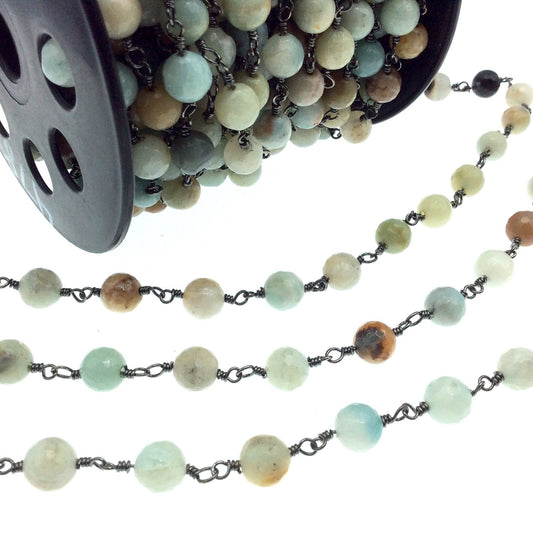 Gunmetal Plated Copper Wrapped Rosary Chain with 8mm Faceted Natural Mixed Amazonite Round Shaped Beads - Sold by the Foot!