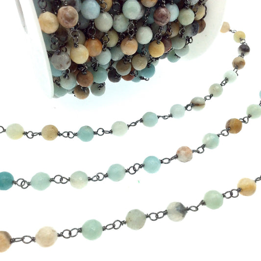 Gunmetal Plated Copper Wrapped Rosary Chain with 6mm Faceted Natural Mixed Amazonite Round Shaped Beads - Sold by the Foot!