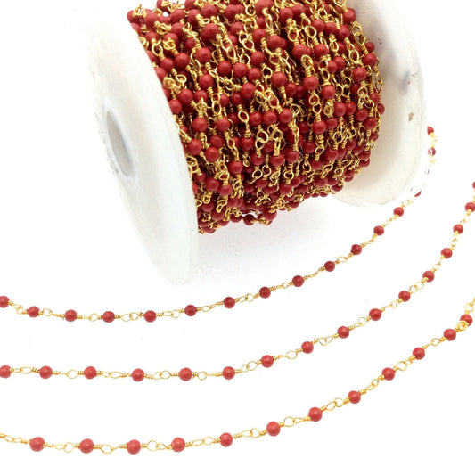 Gold Plated Copper Rosary Chain with 2mm Round Red Coral Beads - Sold by the Foot! - Semi-Precious Beaded Chain