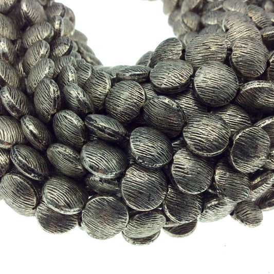 Silver Finish Brushed Puffed Round Shaped Pewter Beads - 8" Strand (Approx. 21 Beads) - Measuring 10mm x 10mm, Approx. - 2mm Hole Size