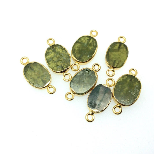 Gold Electroplated Natural Flat Green Vasonite Oval/Oblong Shaped Connector - 12mm - 15mm Long Approx. - Sold Per Each, Selected at Random