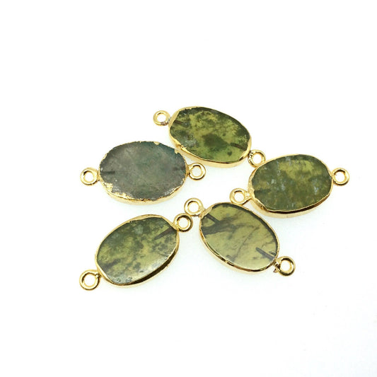 Gold Electroplated Natural Flat Green Vasonite Oval/Oblong Shaped Connector - 16mm - 19mm Long Approx. - Sold Per Each, Selected at Random