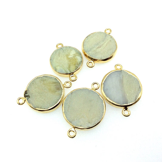 Gold Electroplated Natural Flat Yellow Opal Round/Coin Shaped Connector - 18mm - 21mm Long Approx. - Sold Per Each, Selected at Random