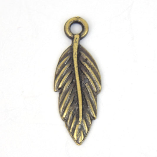 Antique Brass Plated Copper Textured Leaf Charm/Pendant with One Ring- Measuring 8mm x 18mm - Sold Individually, Chosen at Random