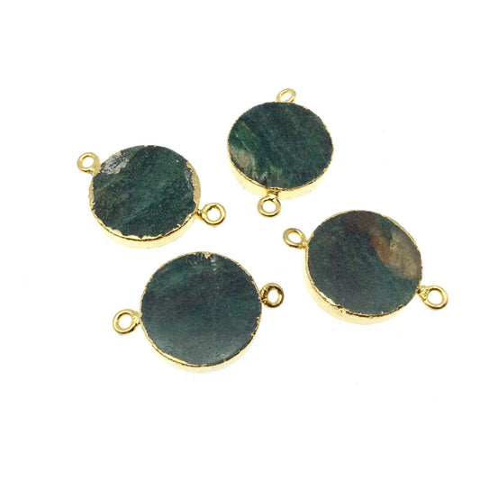Gold Electroplated Natural Flat Green Aventurine Round/Coin Shaped Connector - 19mm - 21mm Long Approx. - Sold Per Each, Selected at Random