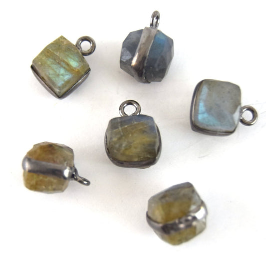 8mm Gunmetal Faceted Natural Iridescent Labradorite Cube/Square Shaped Plated Copper Bezel Charm