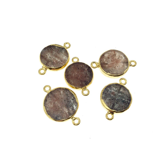 Gold Electroplated Natural Flat Red/Black Rutilated Quartz Coin Shape Connector - ~ 15mm - 16mm Long - Sold Per Each, Selected at Random