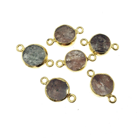 Gold Electroplated Natural Flat Red/Black Rutilated Quartz Coin Shape Connector - ~ 10mm - 12mm Long - Sold Per Each, Selected at Random