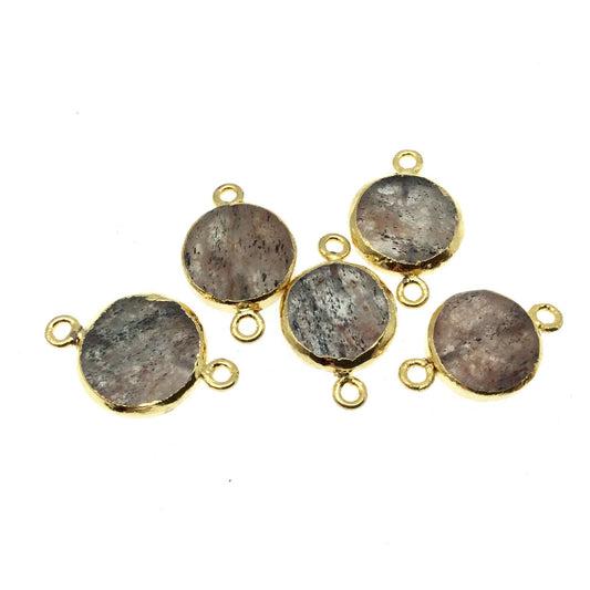 Gold Electroplated Natural Flat Red/Black Rutilated Quartz Coin Shape Connector - ~ 12mm - 14mm Long - Sold Per Each, Selected at Random