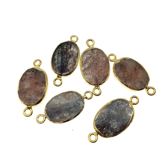 Gold Electroplated Natural Flat Red/Black Rutilated Quartz Oval Shape Connector - ~ 16mm - 18mm Long - Sold Per Each, Selected at Random
