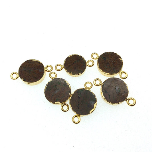 Gold Electroplated Natural Flat Yellow Jasper Round/Coin Shaped Connector - 12mm - 14mm Long Approx. - Sold Per Each, Selected at Random