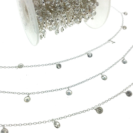 Sterling Silver Bezel Dangle Rosary Chain with 4mm Cut Stone Flat Back Cubic Zirconia Round/Circle Dangles - Sold by the Foot