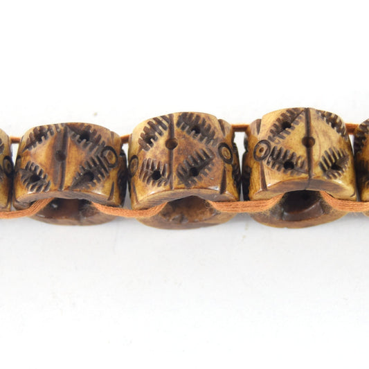 16mm x 18mm Handcrafted Artistic Barrel Bone Beads - Medium Brown with Tribal Design