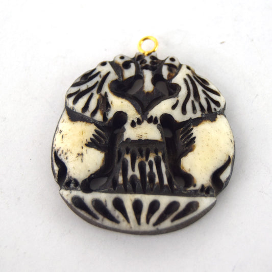 38mm x 40mm - White/Black - Hand Carved Dual Lions - Round Shaped Natural Ox Bone Pendant