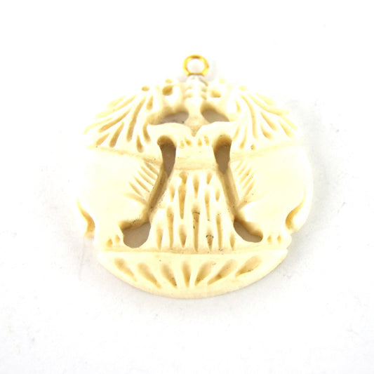 38mm x 40mm - White/Ivory - Hand Carved Dual Lions - Round Shaped Natural OxBone Pendant