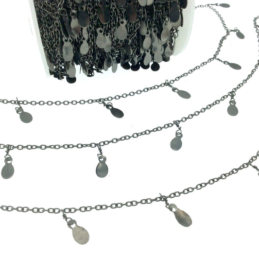 Gunmetal Plated Brass Spaced Single Dangle Wrapped Chain with 6mm Gunmetal Teardrop Dangles - Sold by 1 Foot Length!