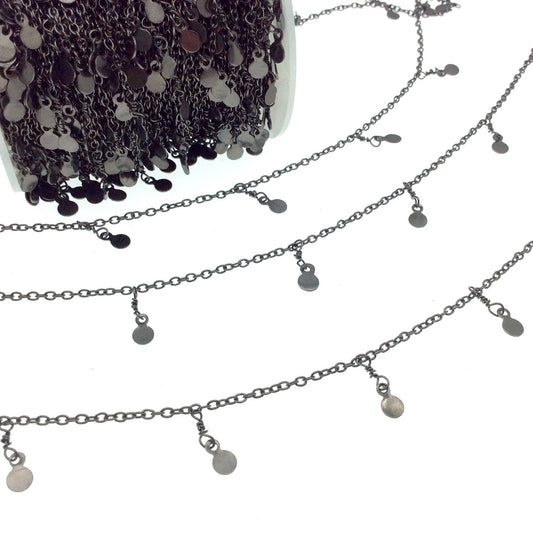 Gunmetal Plated Brass Spaced Single Dangle Wrapped Chain with 4mm Gunmetal Disc/Coin Round Dangles - Sold by 1 Foot Length!