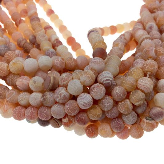6mm Natural Matte Light Pinkish Orange Crackle/Veined Agate Round/Ball Shape Beads W 1mm Holes 14.5" Strand (App. 65 Beads) Quality Gemstone