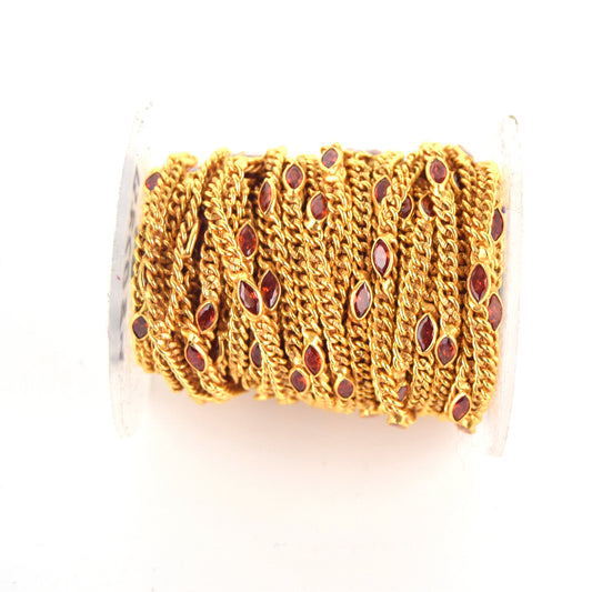 Gold Plated Copper with 6mm Faceted Red Hydro Quartz Marquise Spaced Bezel Link Rosary Chain
