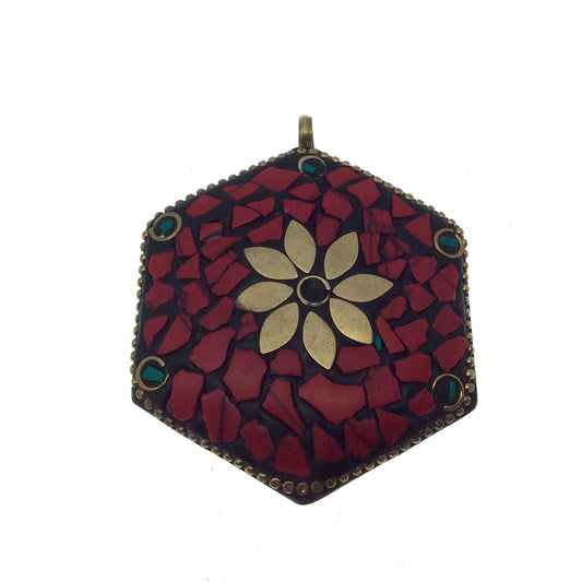 OOAK 2" Black/Red/Green Natural Stone and Resin Rustic Mosaic Hexagon Shape Gold Plated Pendant W Brass Insets ~ 55mm x 55mm.