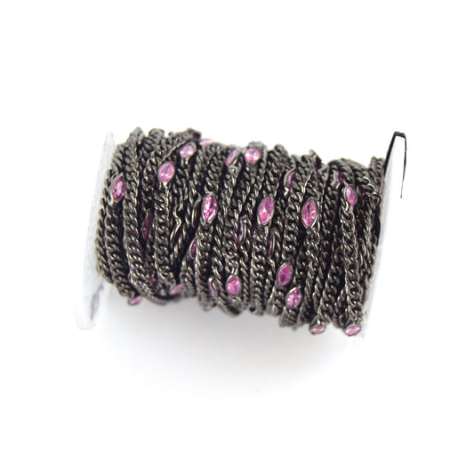 Gunmetal Plated Copper Spaced with 6mm Faceted Pink Hydro Quartz Marquise Bezel Link Rosary Chain
