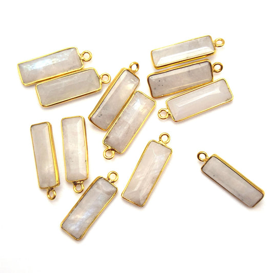Gold Vermeil Faceted Cut Stone Rectangle Shaped Rainbow Moonstone Bezel Pendant - Measuring 5mm x 15mm - Sold Per Piece