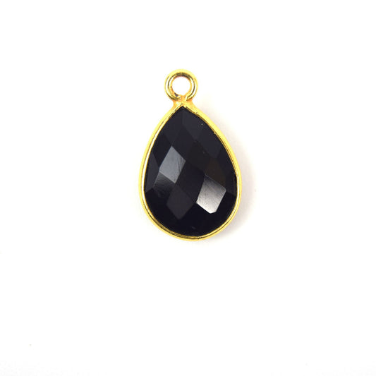 Gold Plated Faceted Hydro (Lab Created) Jet Black Onyx Pear/Teardrop Shaped Bezel Pendant - Measuring 10mm x 13mm - Sold Individually