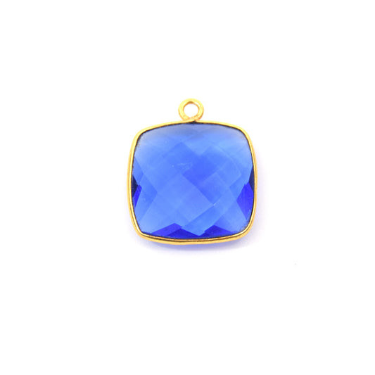 Gold Plated Faceted Hydro (Lab Created) Transparent Cobalt Square Shaped Bezel Pendant - Measuring 18mm x 18mm - Sold Individually