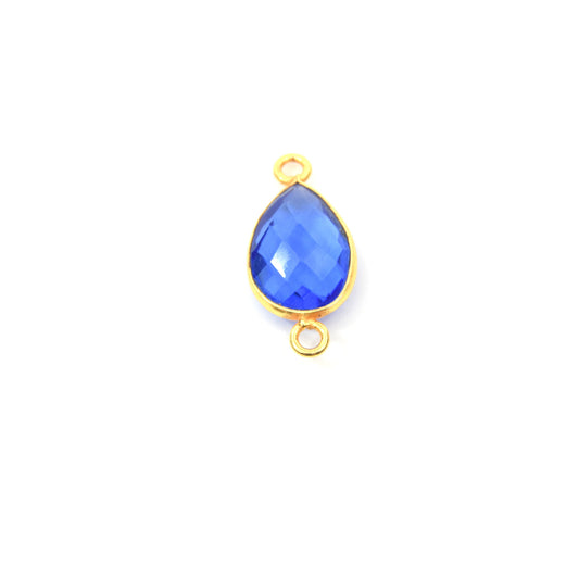 Gold Plated Faceted Hydro (Lab Created) Transparent Cobalt Teardrop Shaped Bezel Connector - Measuring 9mm x 13mm - Sold Individually