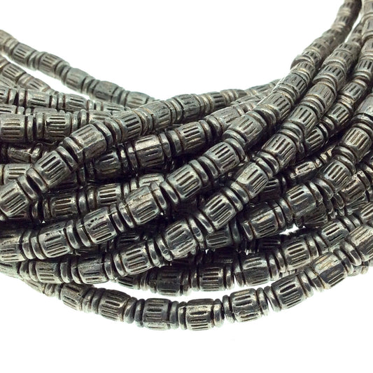 Silver Finish Lined Barrel Pattern Pewter Beads - 10" Strand (Approximately 44 Beads) - Measuring 4mm x 6mm, Approx. - 2mm Hole Size