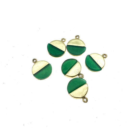 Tiny Gold Finish Round/Coin Shaped Semicircle Green Onyx Plated Copper Pendant Component - Measuring 9mm x 9mm - Sold in Pack of Two
