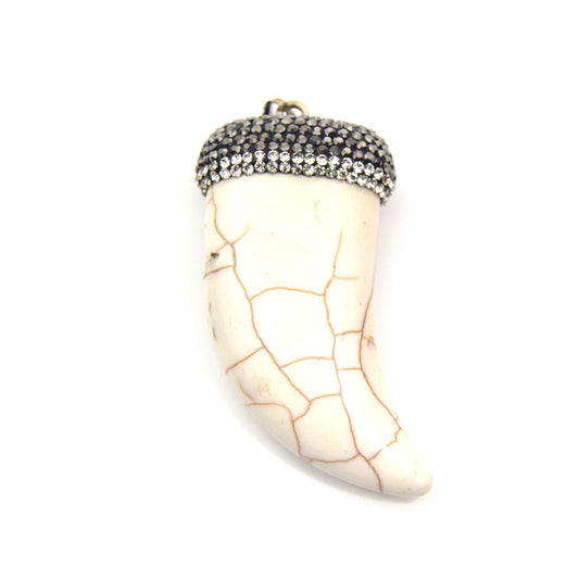 Rhinestone Encrusted Tusk/Claw Shaped White/Brown Howlite Pendant with Attached Bail - Measuring 27mm x 50mm, Approx. - Sold Individually